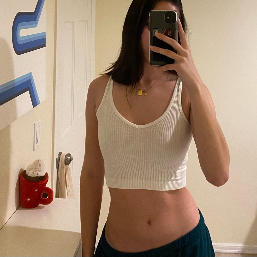 Out from Under Cropped Ribbed White V Neck Tank